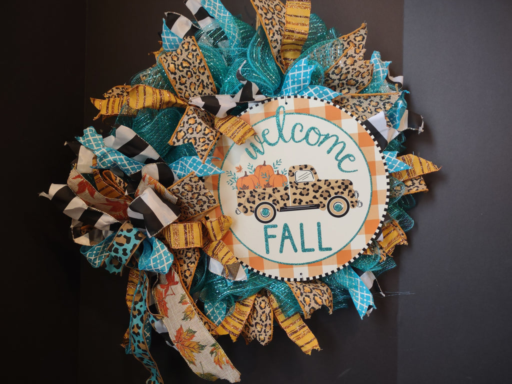 Autumn Fall Front Door Wreath Mesh Ribbon Decor Welcome Truck (lot 1367)