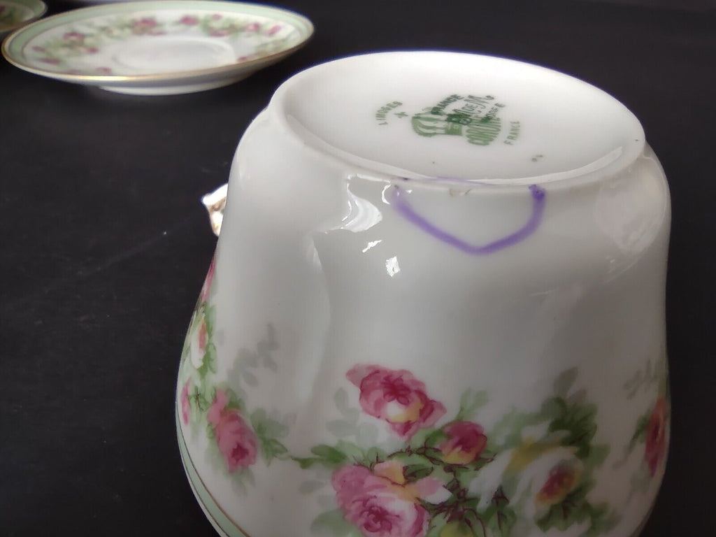 Coronet Limoges France 3 x Tea Cup Mint Band Gold Trim Pink Rose (lot 548)
