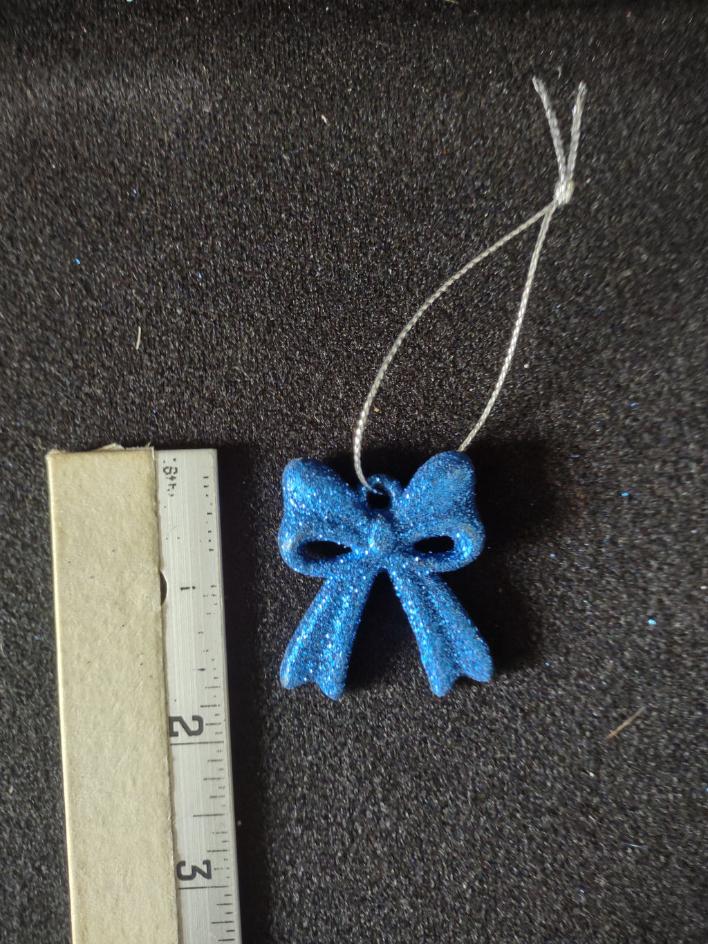 Vintage Christmas Ornament 20 Small Blue Glitter Bows 1.5 x 1.5 in ( Lot 4765)