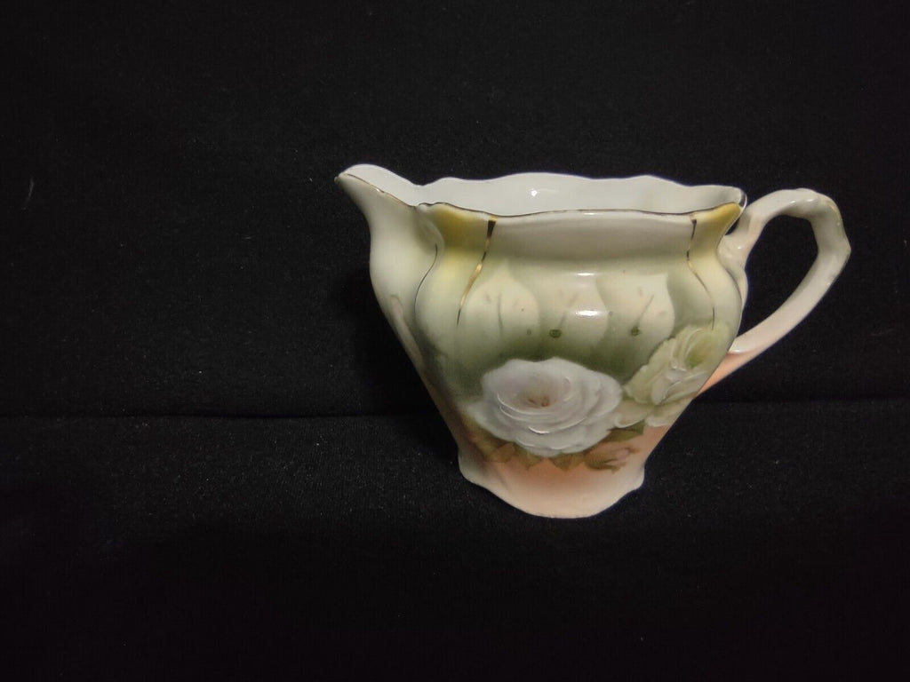 Vintage Bavaria Teapot Creamer Sugar Dish White Rose Gold Trim (lot 240)