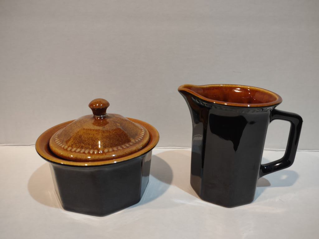 Vintage MCM Ironstone Amber Octagon Sugar Bowl Creamer Rustic USA (lot 5010)