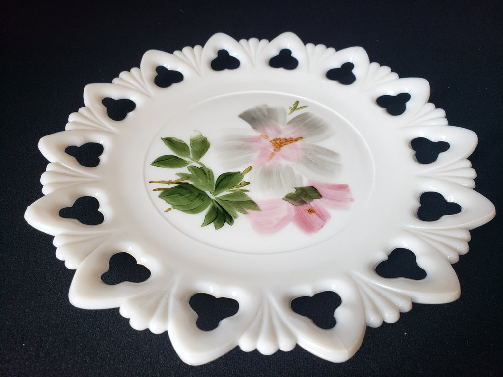 Vintage Kemple Pink Flower Motif Milk Glass Wall Plate (lot 2191)