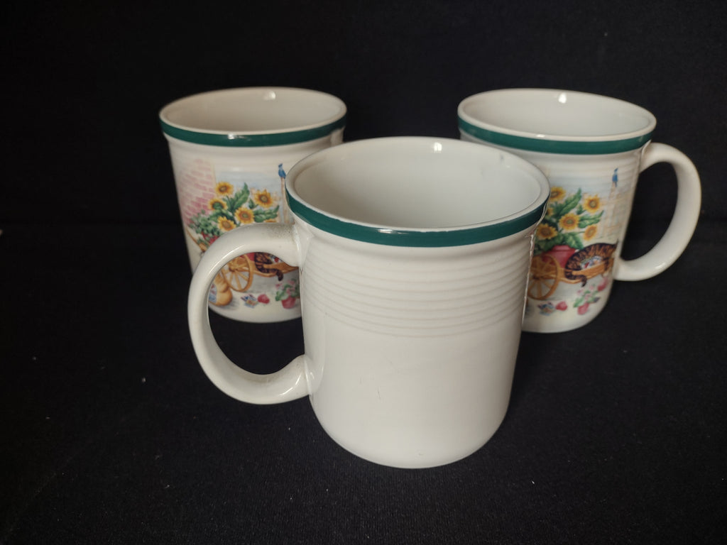 Cat Nap Country Green Band Cup Mug x 3 Stoneware Thailand (lot 2855c)