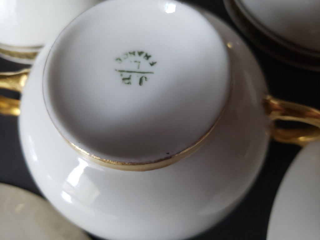 JP Limoges France Gold Trim Green Laurel 3 x Bouillion Cup & Saucer (lot 597)
