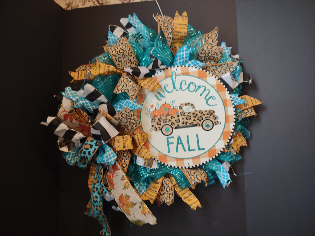 Autumn Fall Front Door Wreath Mesh Ribbon Decor Welcome Truck (lot 1367)