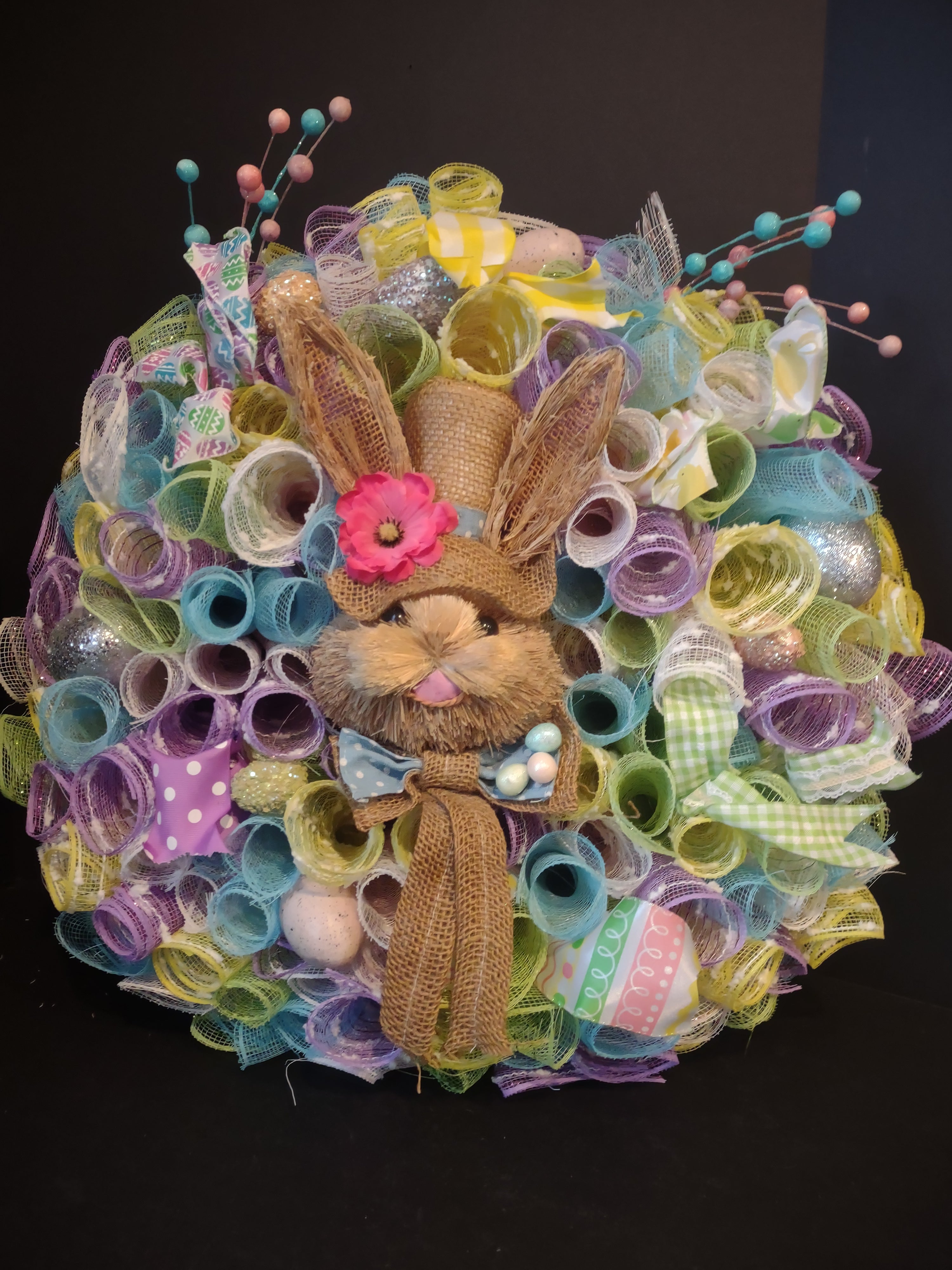 Easter Bunny Spring Mesh Ribbon Wreath Handmade 22" (lot 1400)