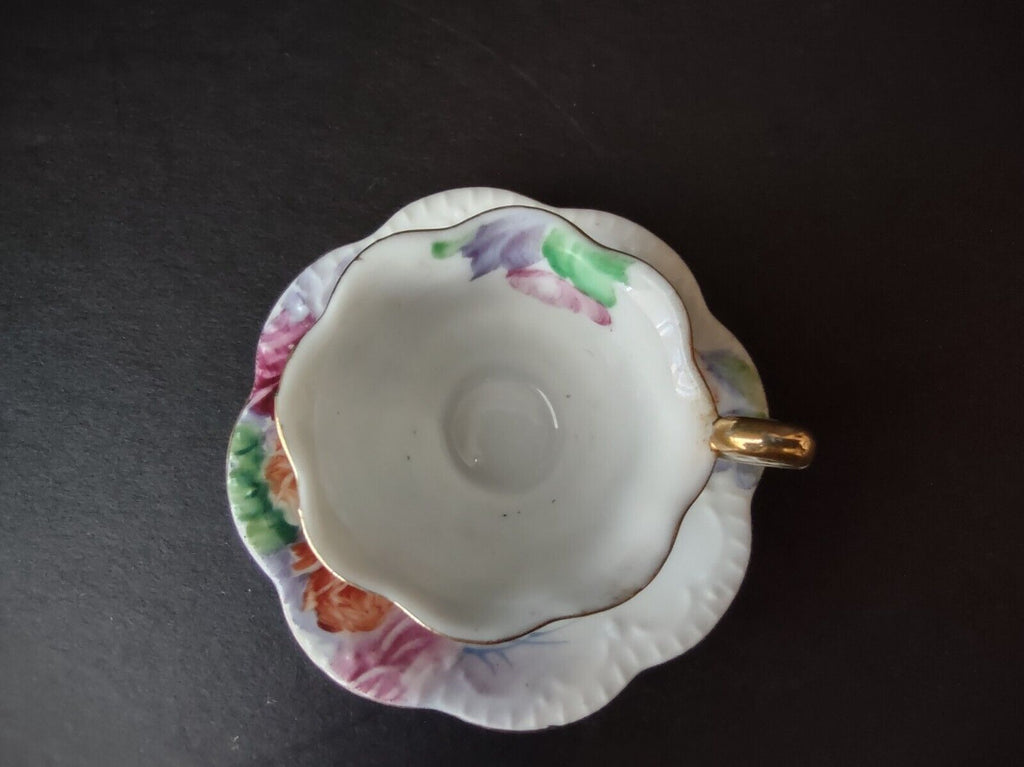 Japan Miniature 1-3/8" Teacup & Saucer Pink Orange Purple Rose (lot 726)