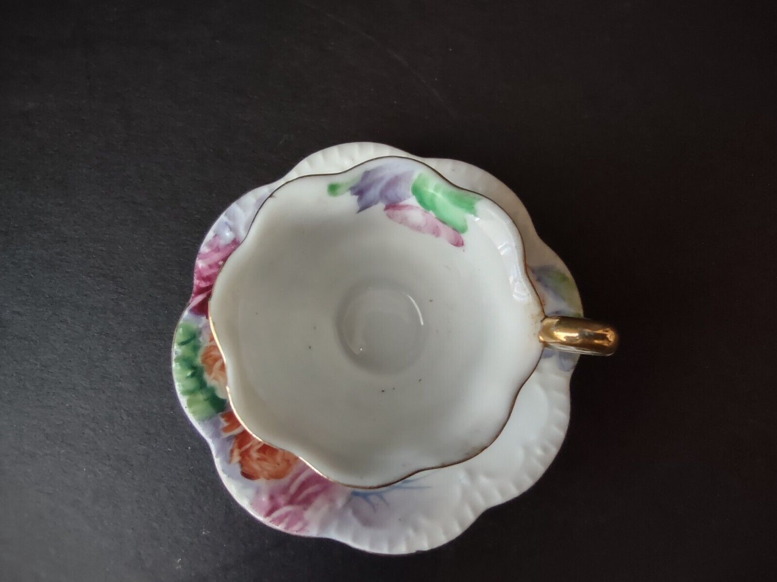 Japan Miniature 1-3/8" Teacup & Saucer Pink Orange Purple Rose (lot 726)