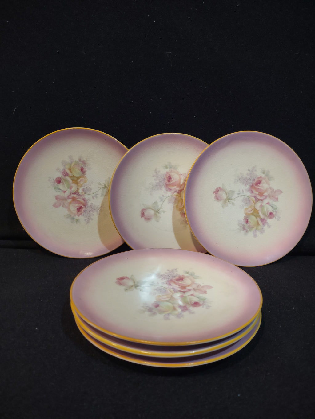 Vintage Farmhouse Cottage Pink Roses Dessert Plate CRAZING x 6 (lot 5392)