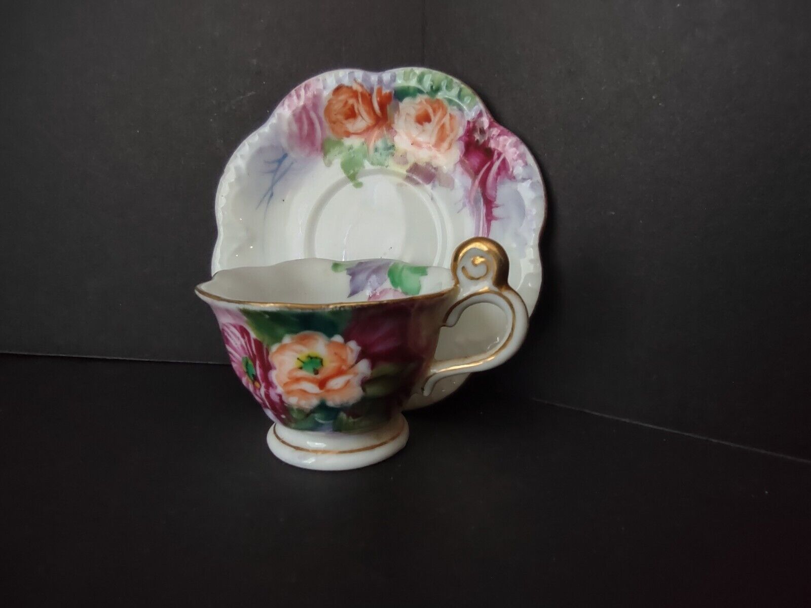 Japan Miniature 1-3/8" Teacup & Saucer Pink Orange Purple Rose (lot 726)