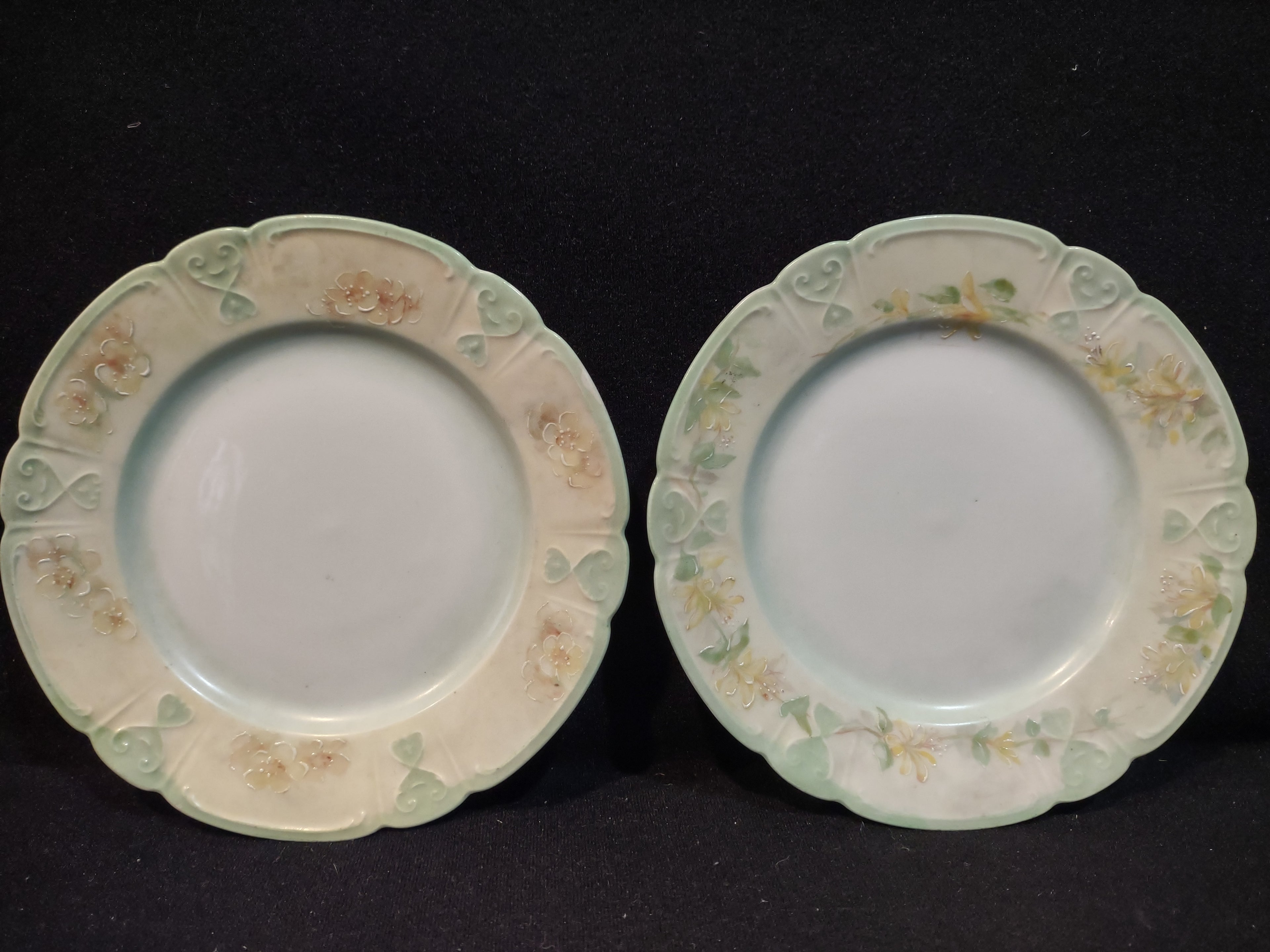 Vintage China 6 " Plate x 2 Floral Pattern Scalloped Green Rim Edge (Lot 5352)