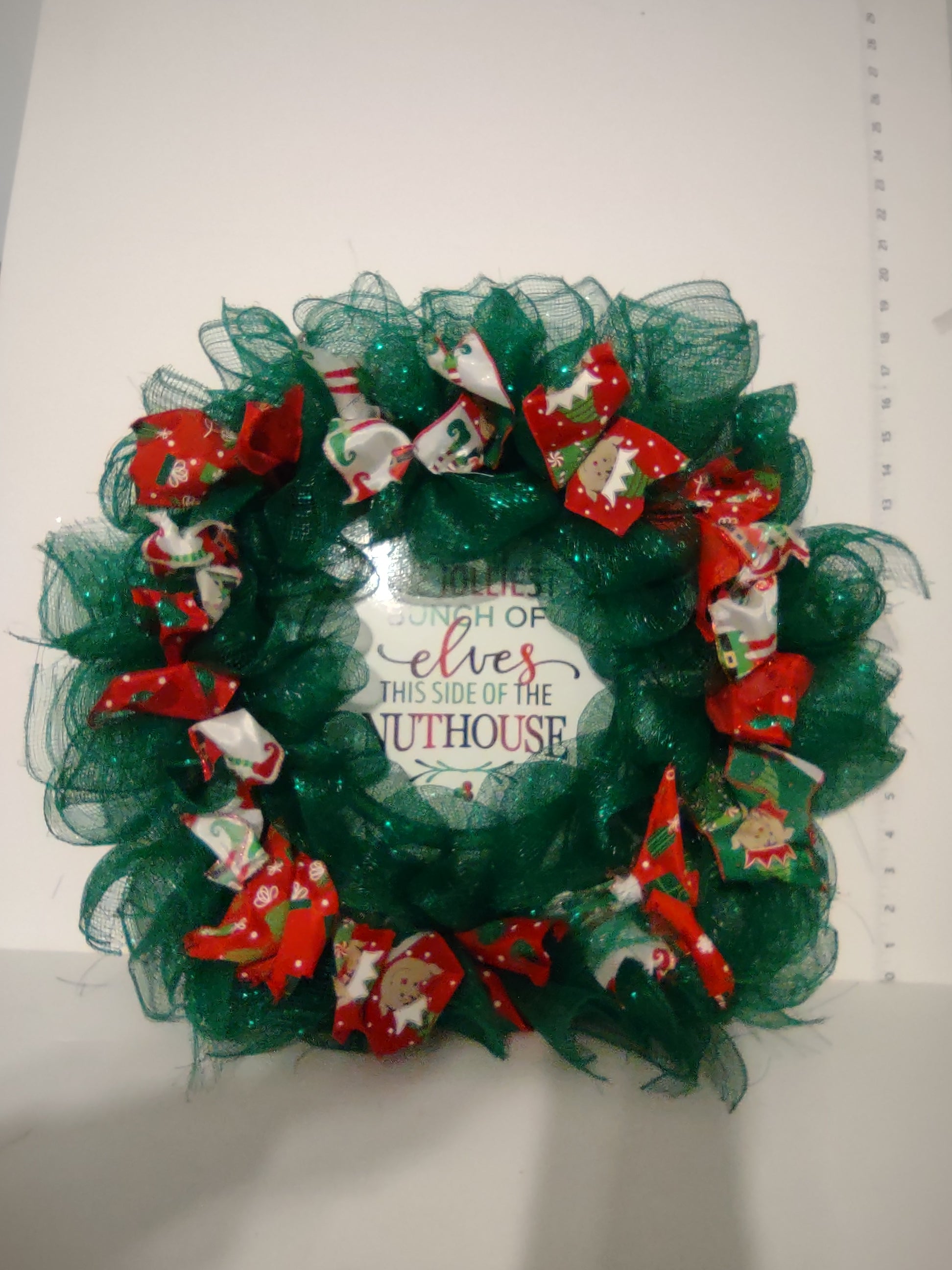Handmade Christmas Wreath Green Red Ribbon Elf Elves Nuthouse 20" (lot 1293)