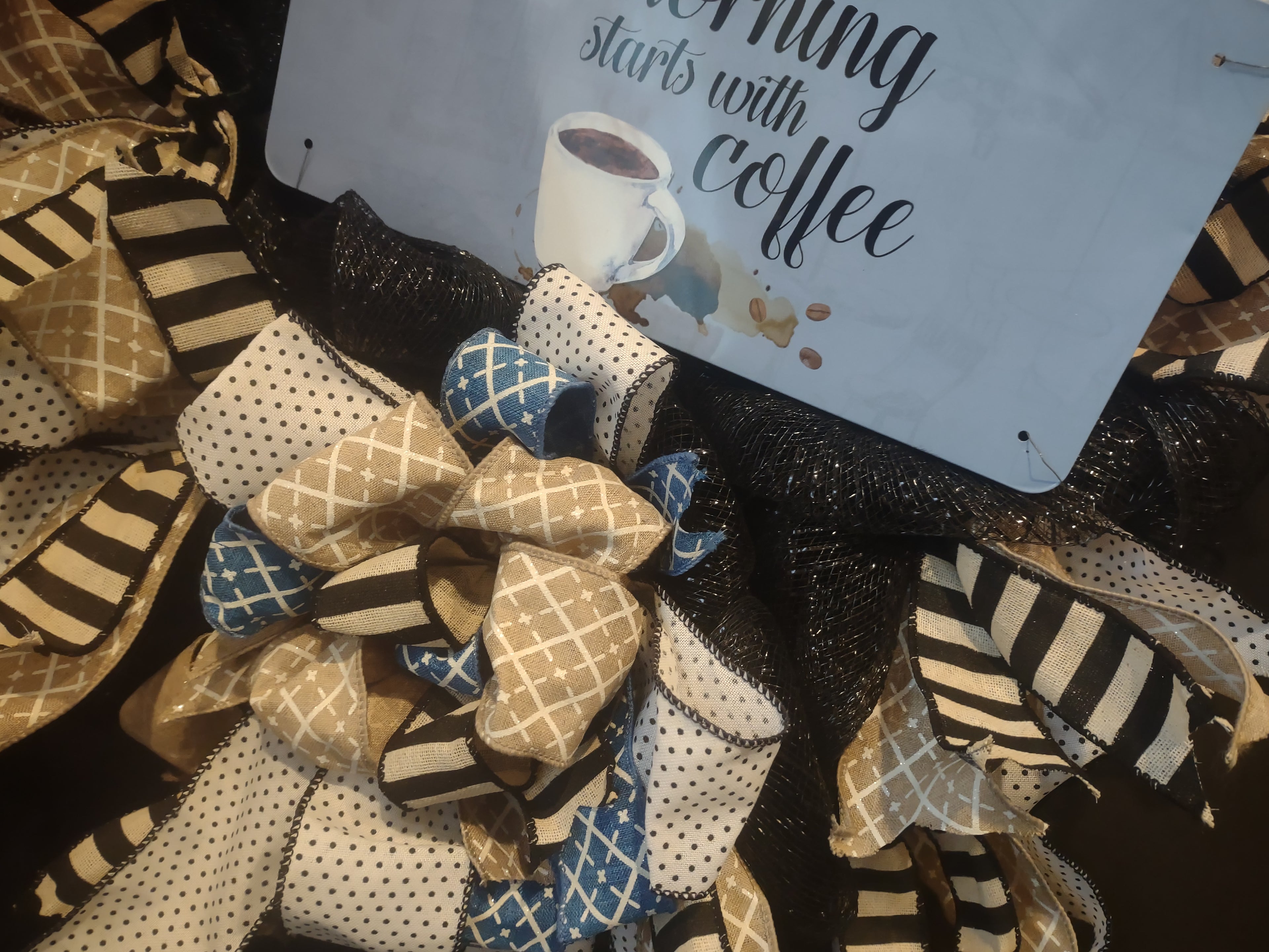 Good Morning Starts with Coffee Wreath Ribbon Mesh Decor Handmade (lot 1408)