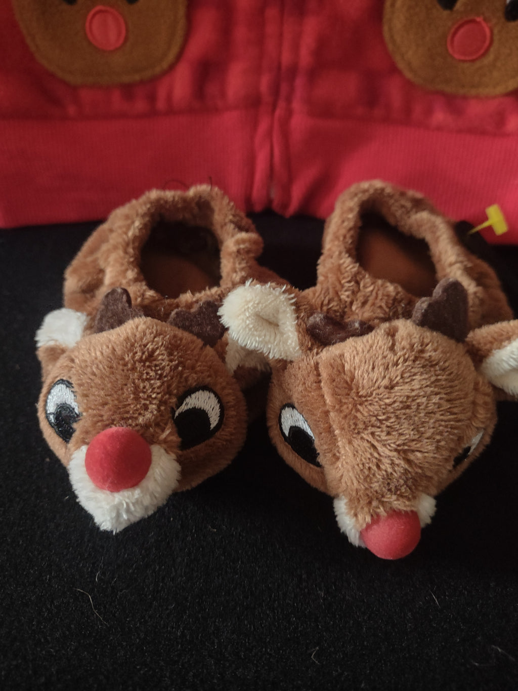 Infant Christmas Rudolph Fur Trimmed Zipper Vest Slippers 9 Month (Lot 4541)