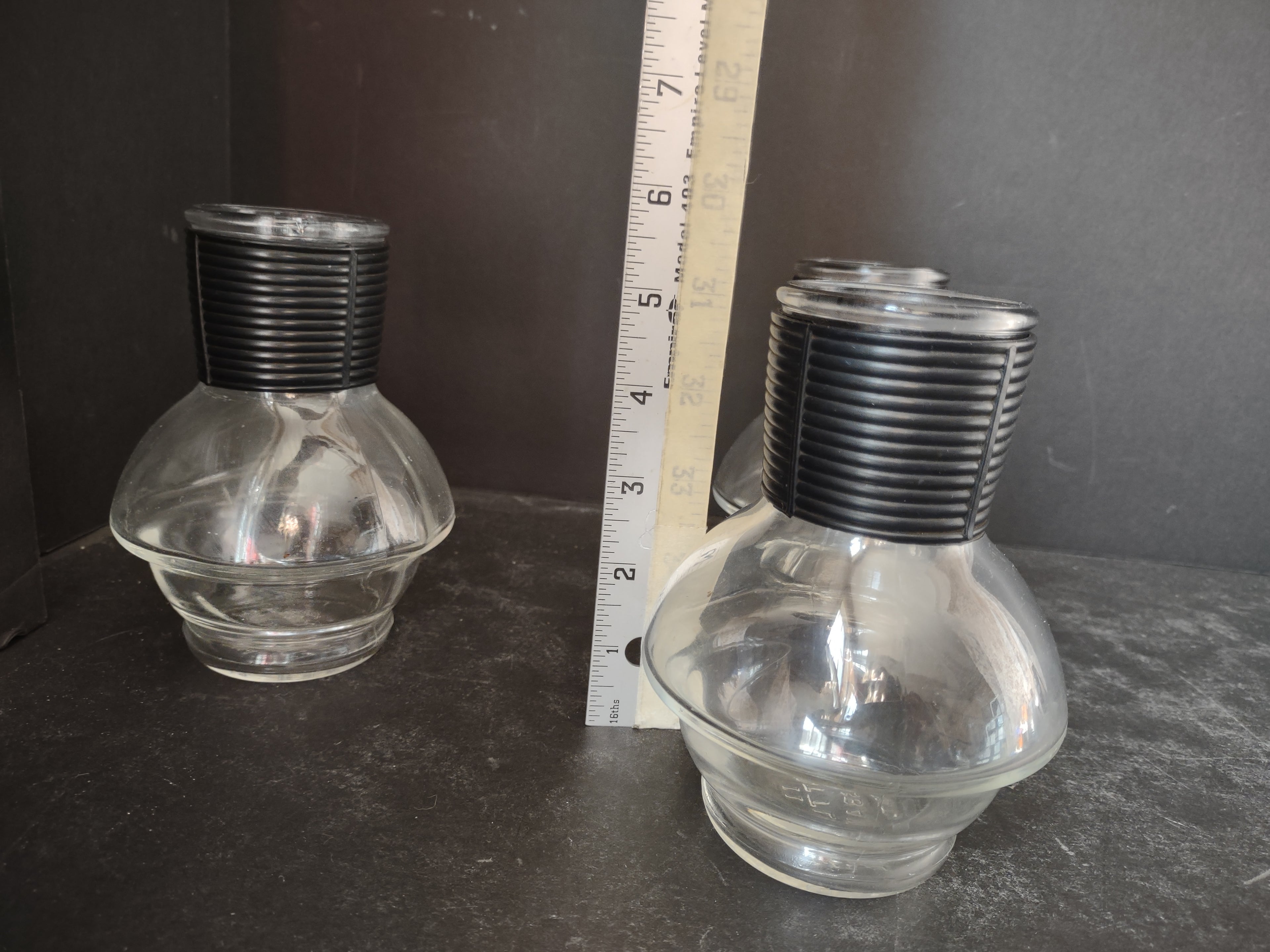 Vintage 9 x Hottle Carafe Clear Glass NO Lid Glasbake Black Neck (lot 5316)