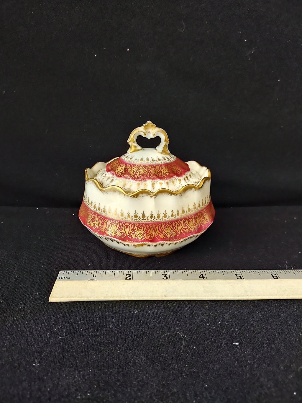 Vintage Limoges French Chic Sugar Bowl Red White Gold Pattern (Lot 3821)