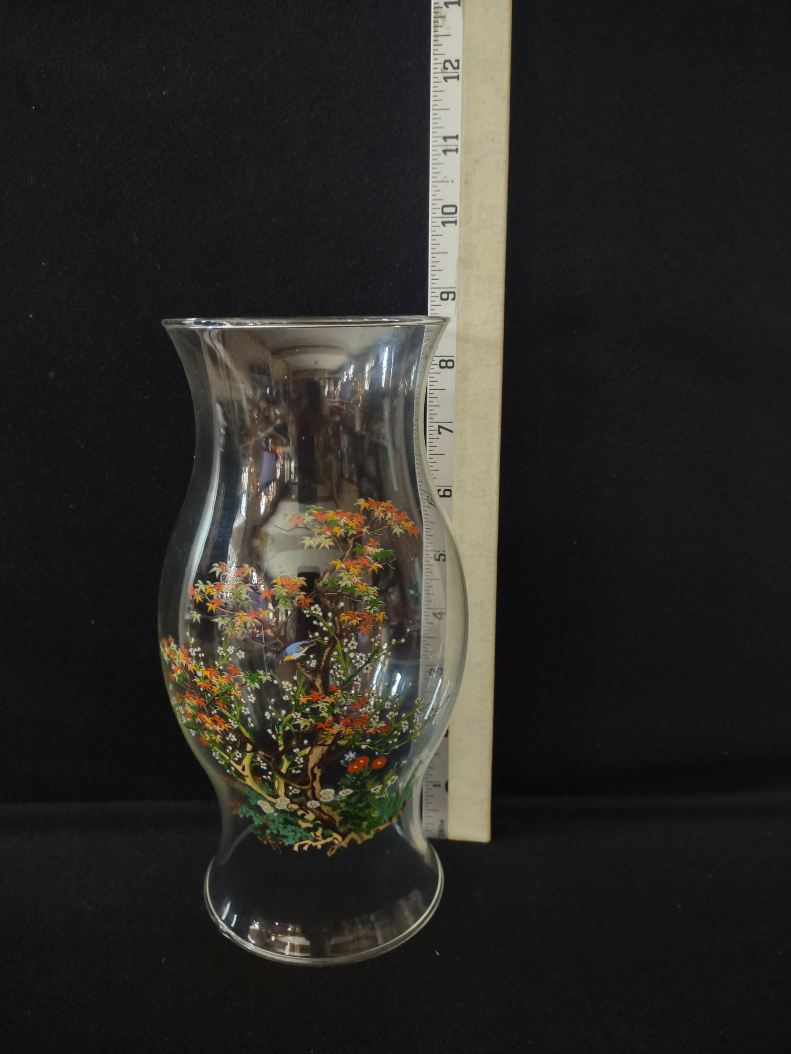 L E Smith Oriental Garden Hurricane Lamp Glass ONLY Eastern Blue Bird (Lot 3245)