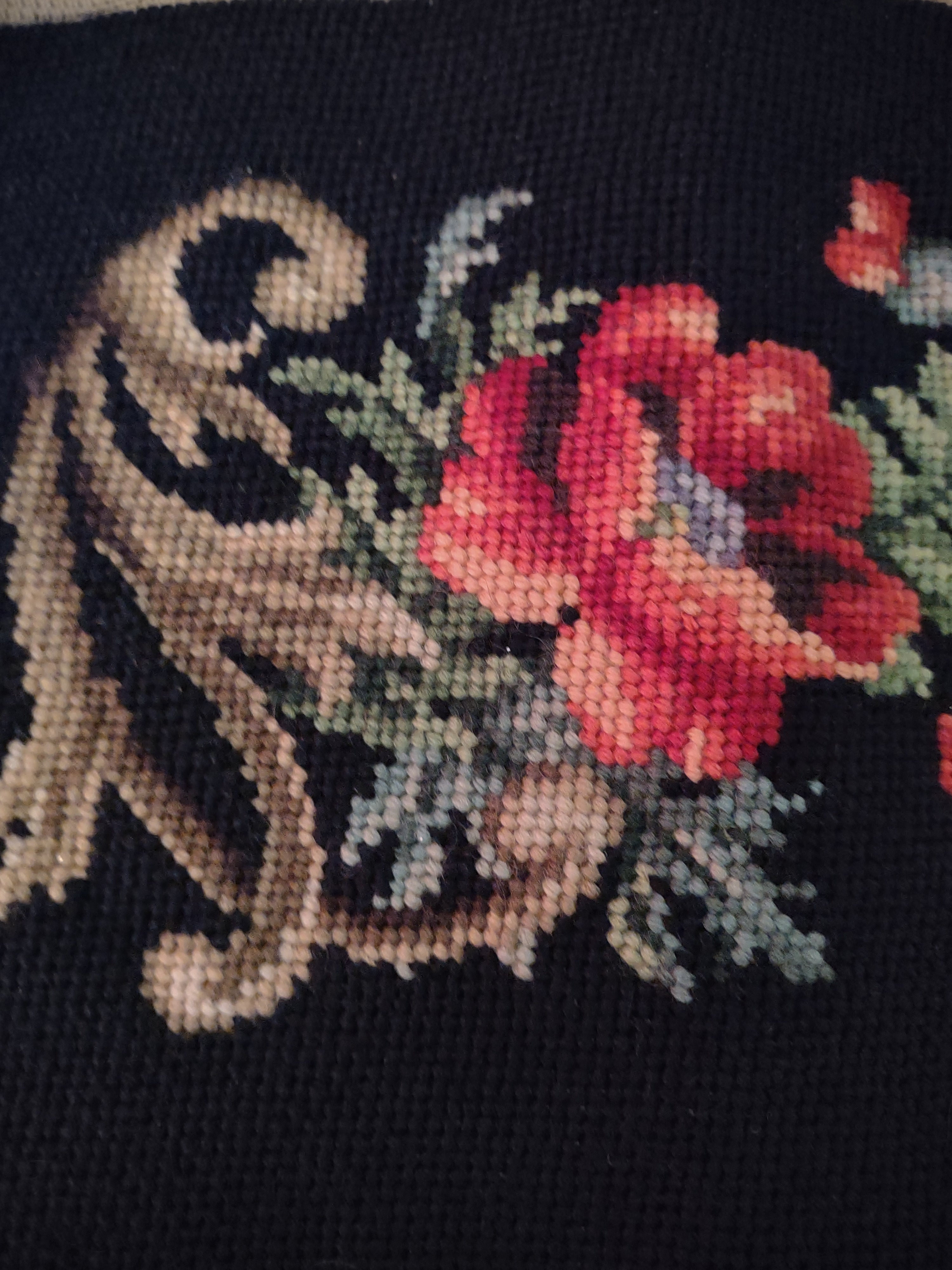 Handsewn Needlepoint Panel Floral Design Black Red Poppies 62 X 9" (Lot 4509)