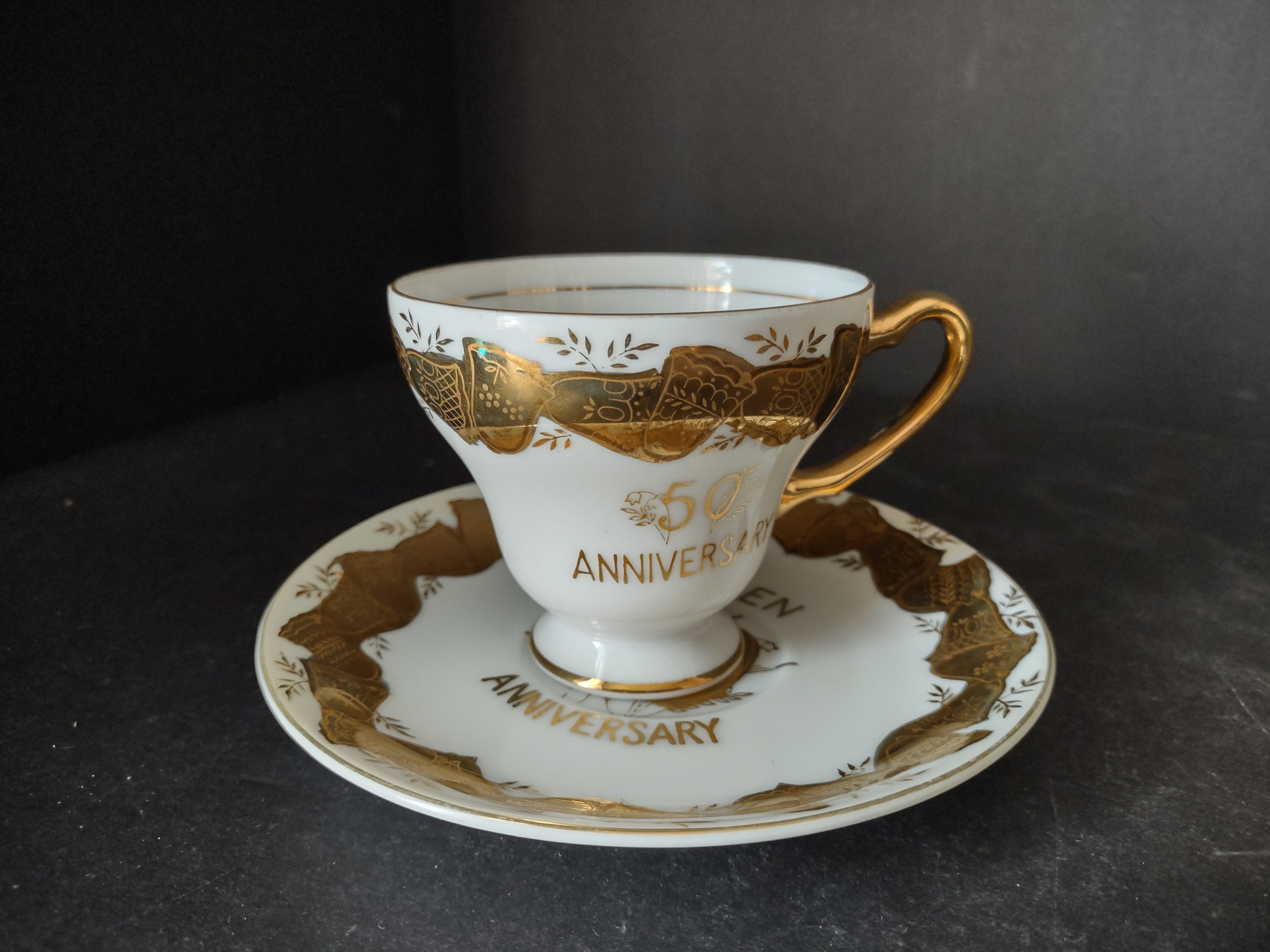 Vintage Norcrest Japan 50th Anniversary Tea Cup Saucer White Gold (lot 2910c)