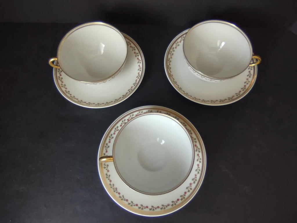 Old Abbey France Limoges 3 x Tea Cup & Saucer Clover Gold Trim (lot 865)