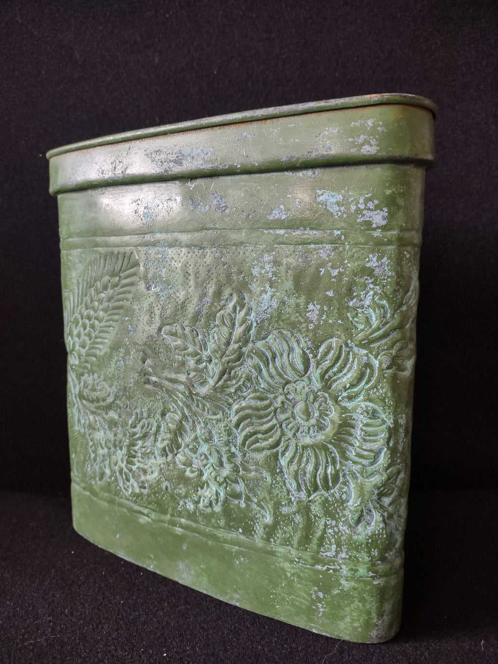 Vintage Rectangular Metal Planter Green Finish Embossed Floral India (Lot 5335)