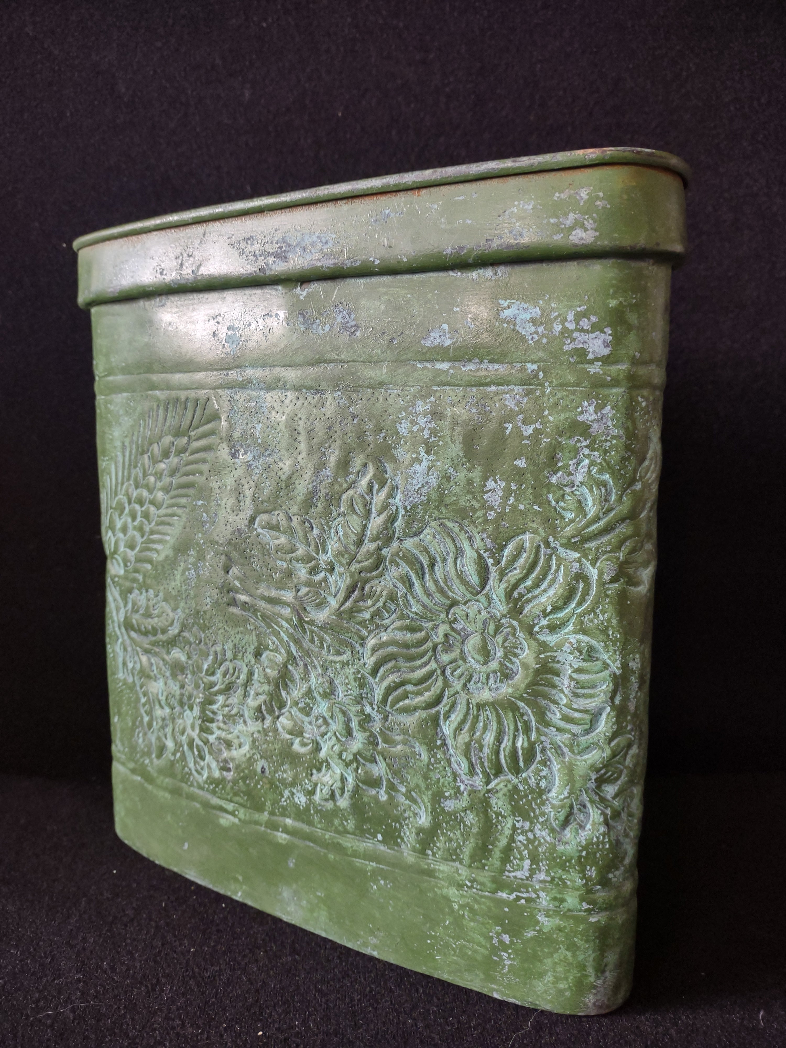 Vintage Rectangular Metal Planter Green Finish Embossed Floral India (Lot 5335)
