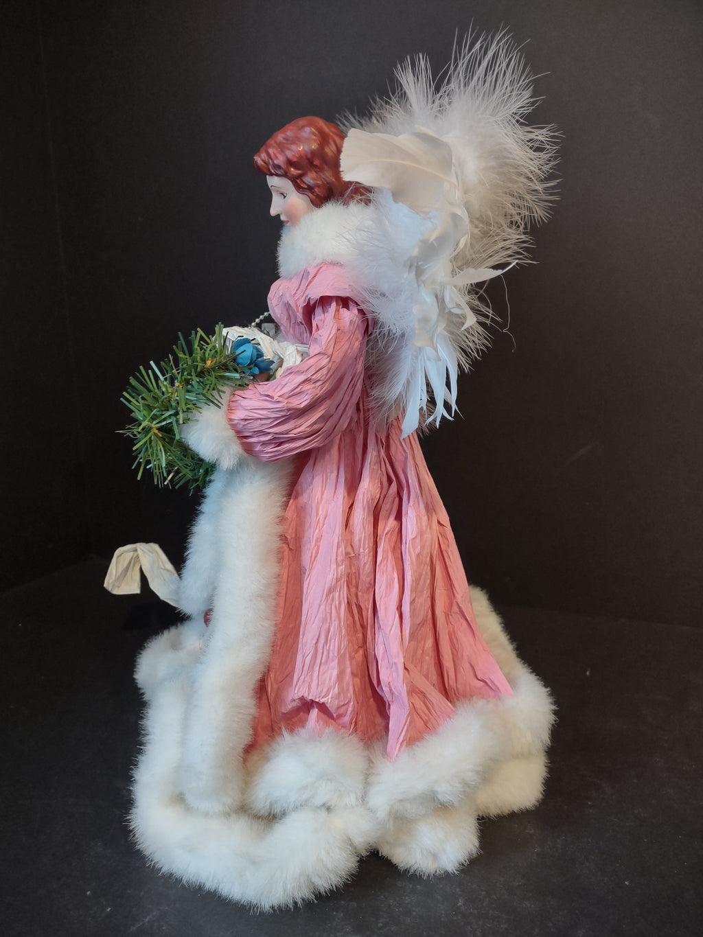 Christmas Angel Tree Topper Pink White 16" Feather Wings (lot 2455)