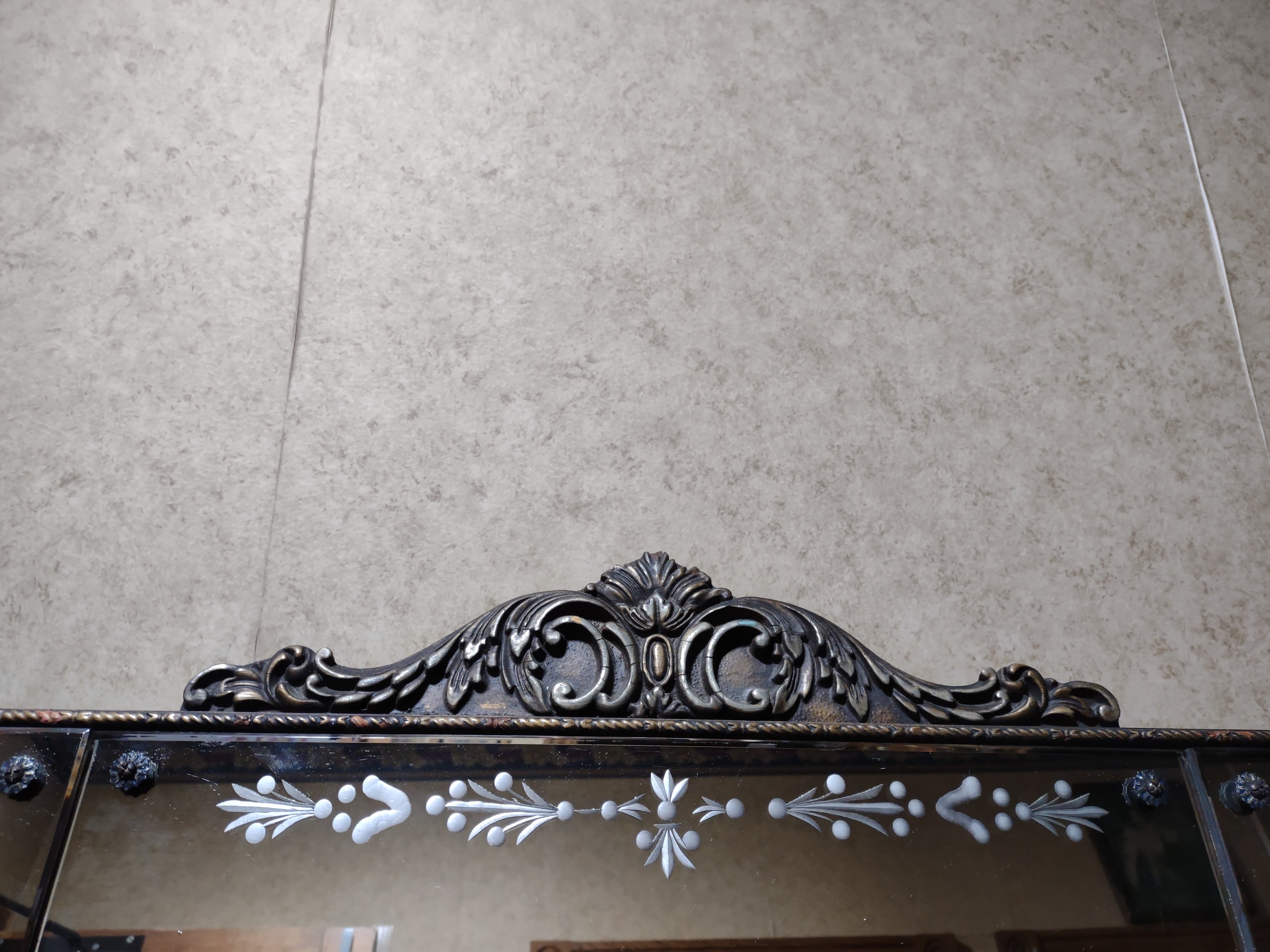 Antique Nurre Mirror Etched 3 Panel Hand-Carved Wood Frame (lot 5032)