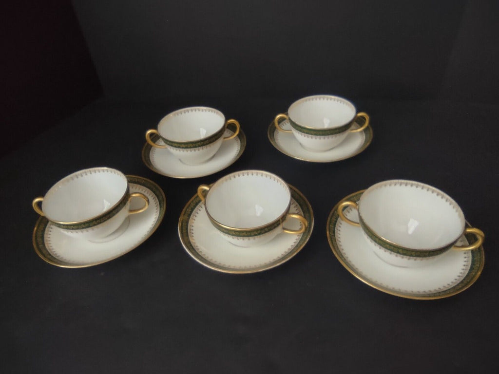 GDA LimogesFrance Gold Trim Green 2 Handle 5 x Bouillion Cup & Saucer (lot 612)