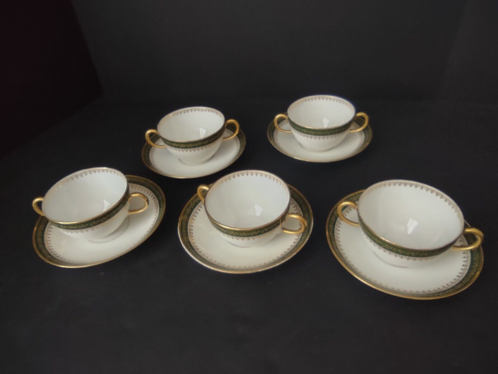 GDA LimogesFrance Gold Trim Green 2 Handle 5 x Bouillion Cup & Saucer (lot 612)