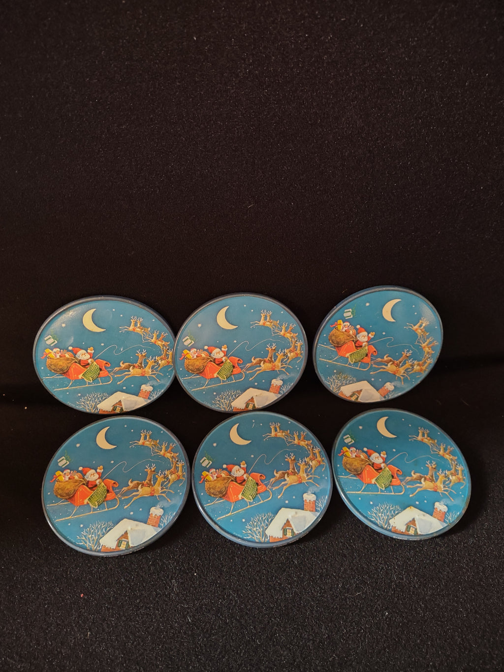 Vintage Christmas Coaster Set Of 6 Metal Tin Jasco Hong Kong (Lot 4805)