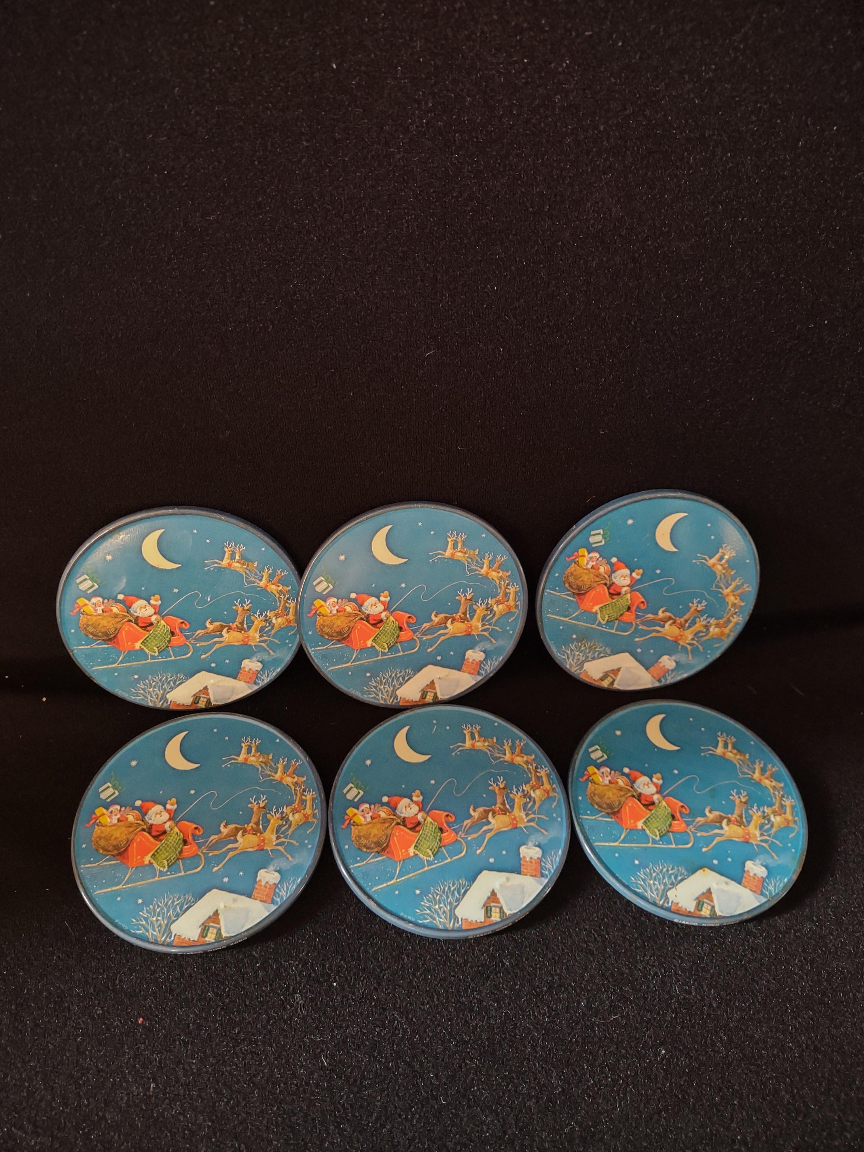 Vintage Christmas Coaster Set Of 6 Metal Tin Jasco Hong Kong (Lot 4805)