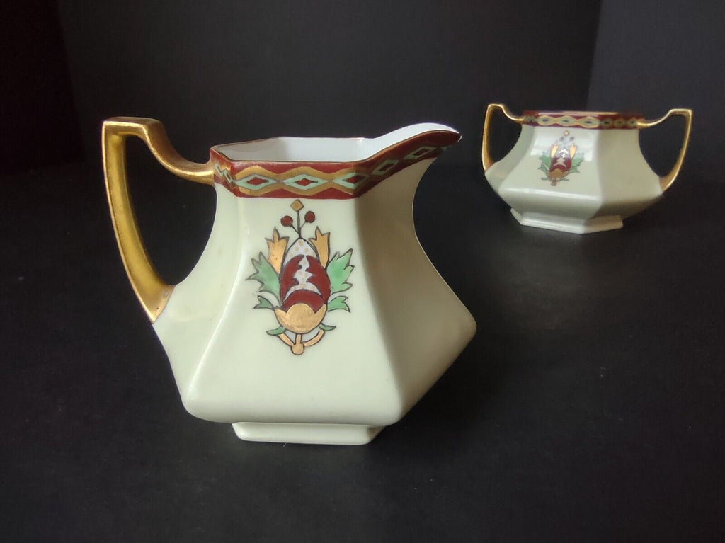 Limoges France Green Red Heavy Thick Gold Trim Sugar Dish Creamer Set (lot 712)