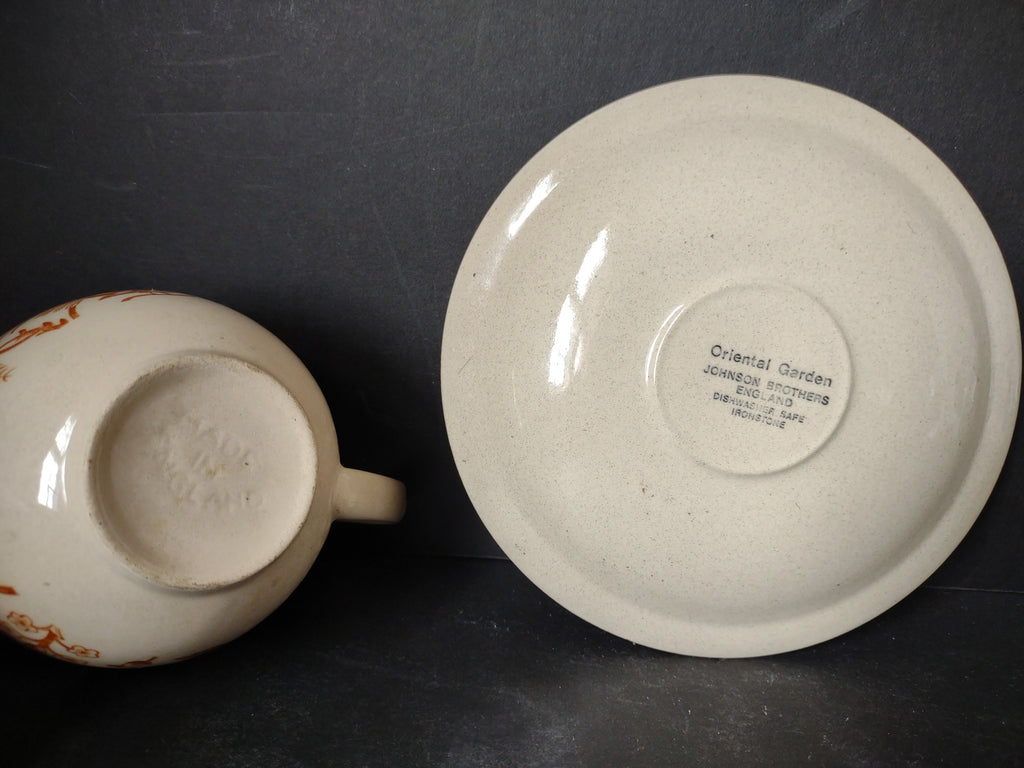 Vintage Ironstone Oriental Garden Johnson Bros Teacup Saucer Birds (lot 5545)