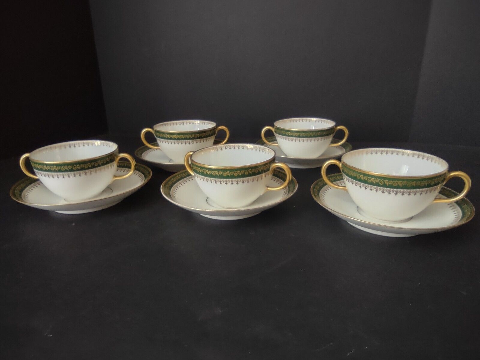 GDA LimogesFrance Gold Trim Green 2 Handle 5 x Bouillion Cup & Saucer (lot 612)