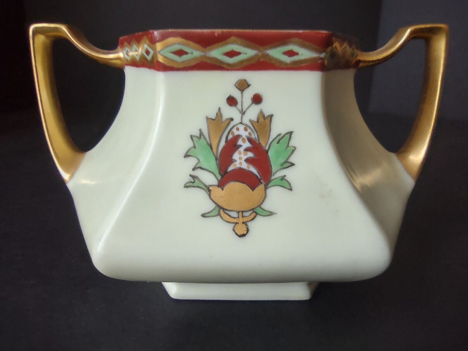 Limoges France Green Red Heavy Thick Gold Trim Sugar Dish Creamer Set (lot 712)