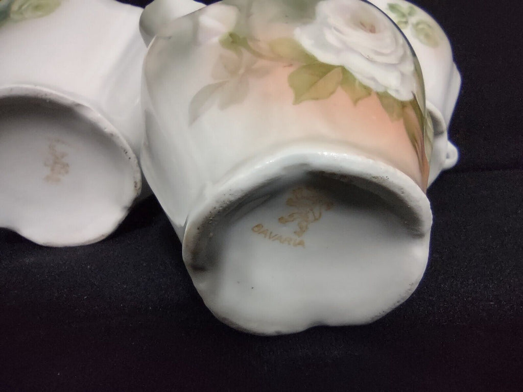 Vintage Bavaria Teapot Creamer Sugar Dish White Rose Gold Trim (lot 240)