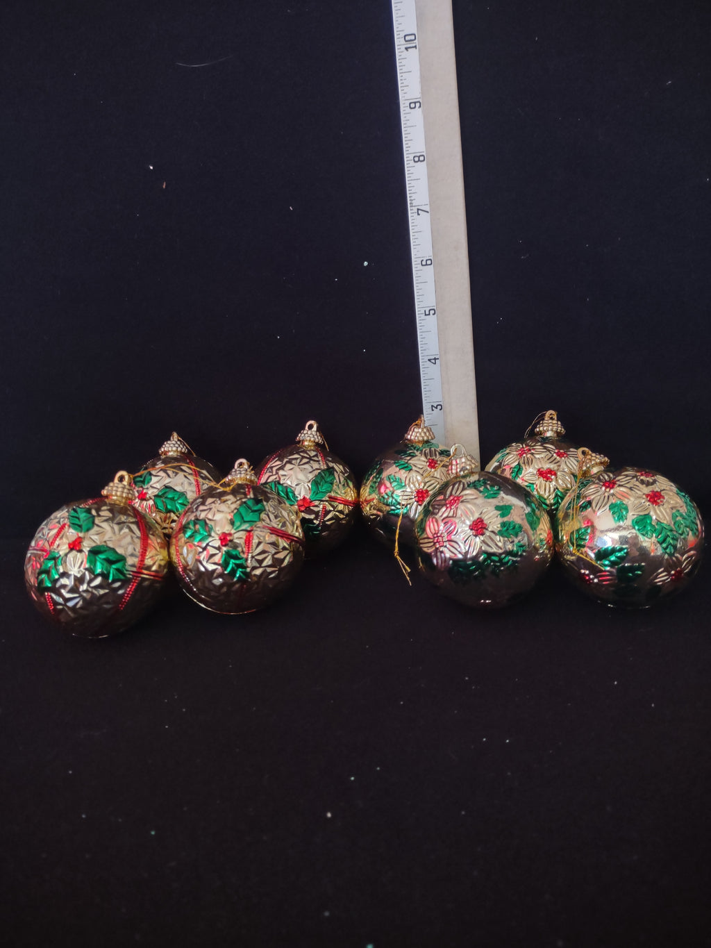 Vintage Christmas Ornaments Golden Textured x 8 Plastic (Lot 4507