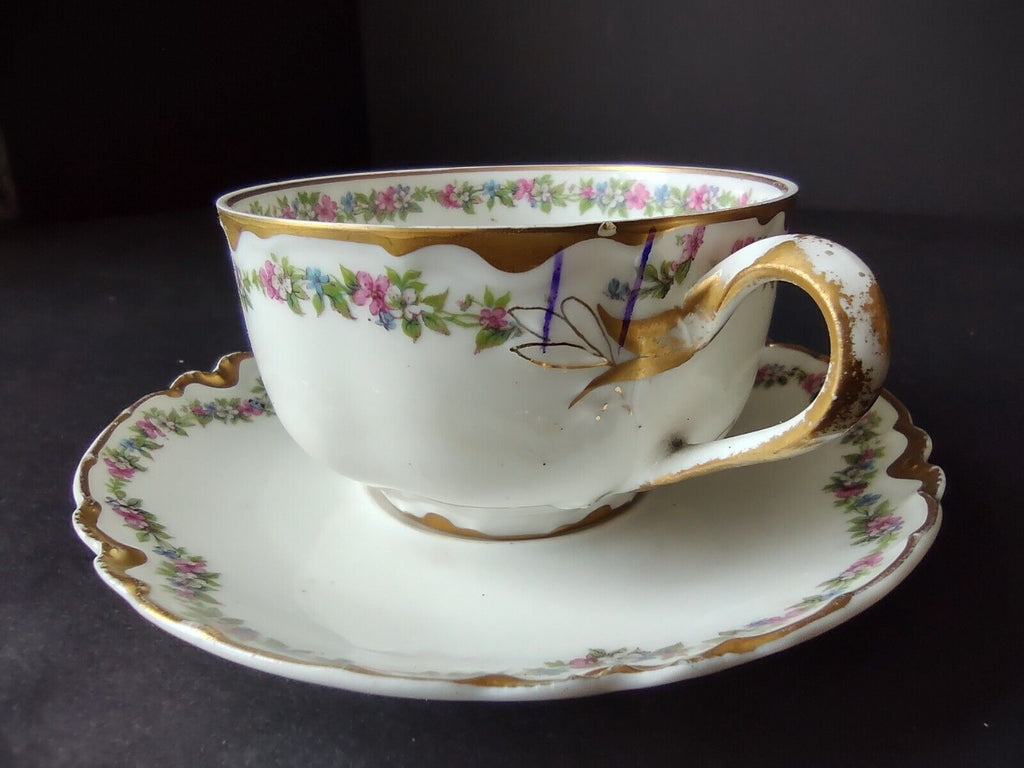 Haviland Limoges Gold Trim Pink Flower Garland Teacup & Saucer IMPERFECT lot 707