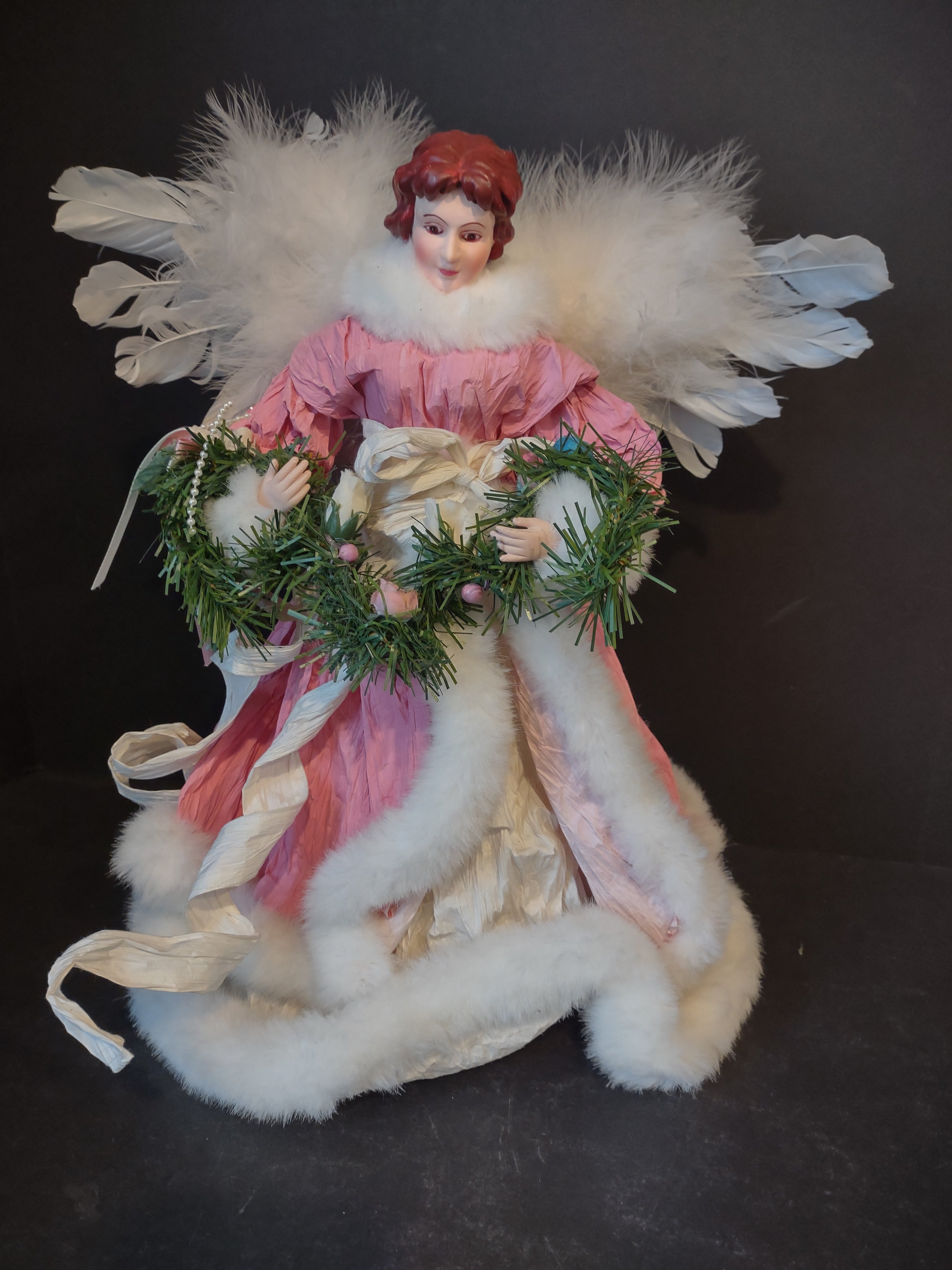 Christmas Angel Tree Topper Pink White 16" Feather Wings (lot 2455)