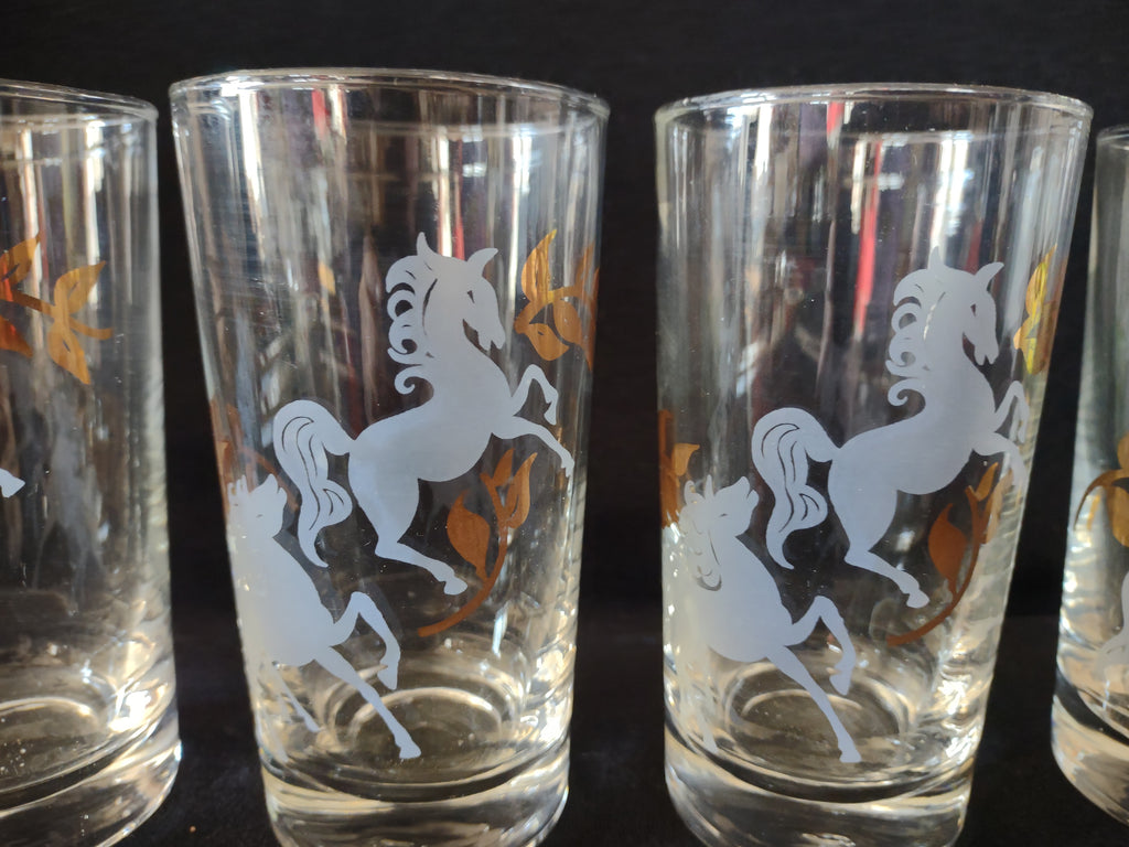 Vintage MCM Libbey Prancing Colt Horses Glass Tumblers x 4 (lot 5164)
