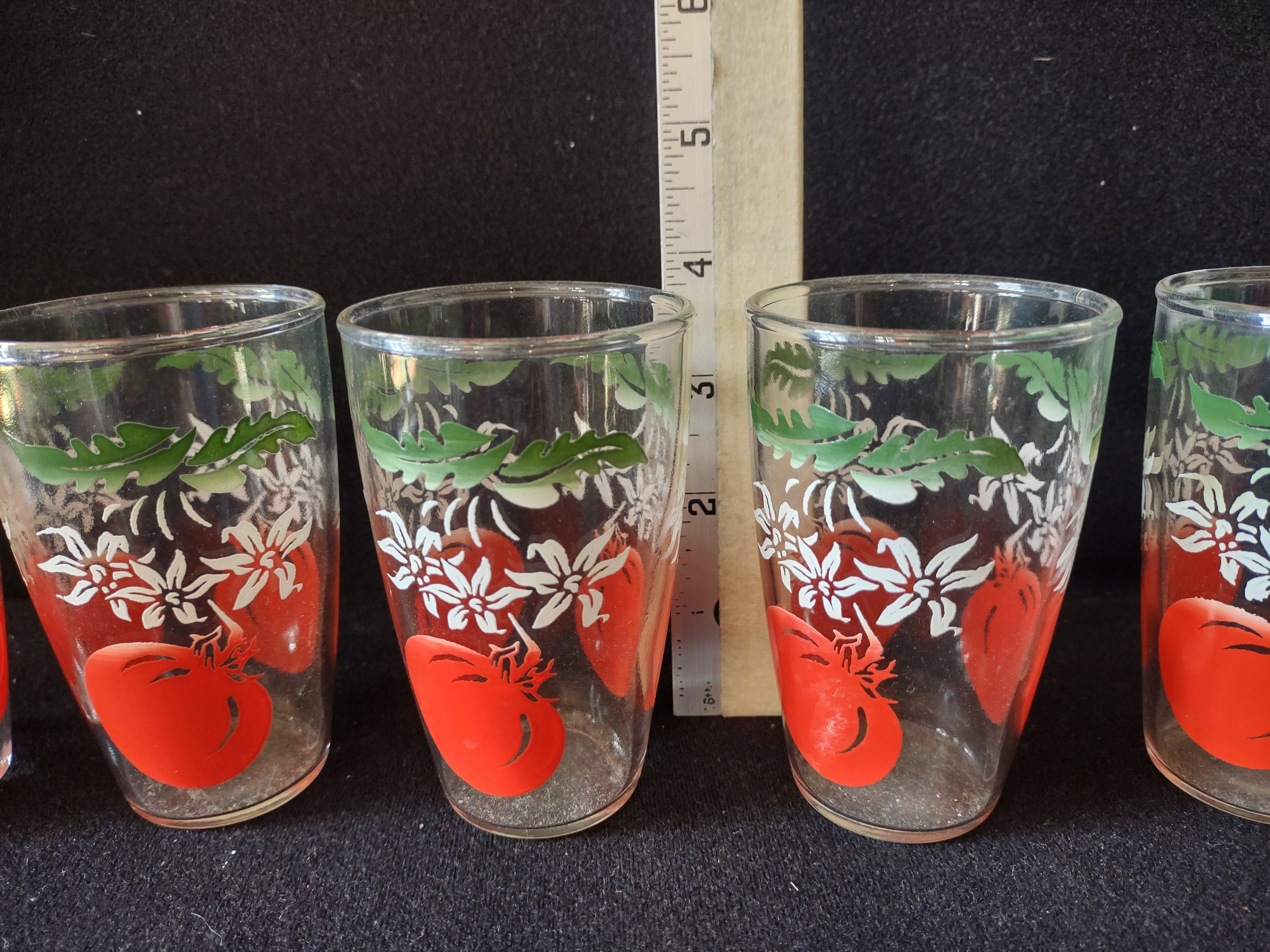 Vintage MCM Bartlett Collins Tomato Pitcher Drinking Glass x 6 (lot 5168)