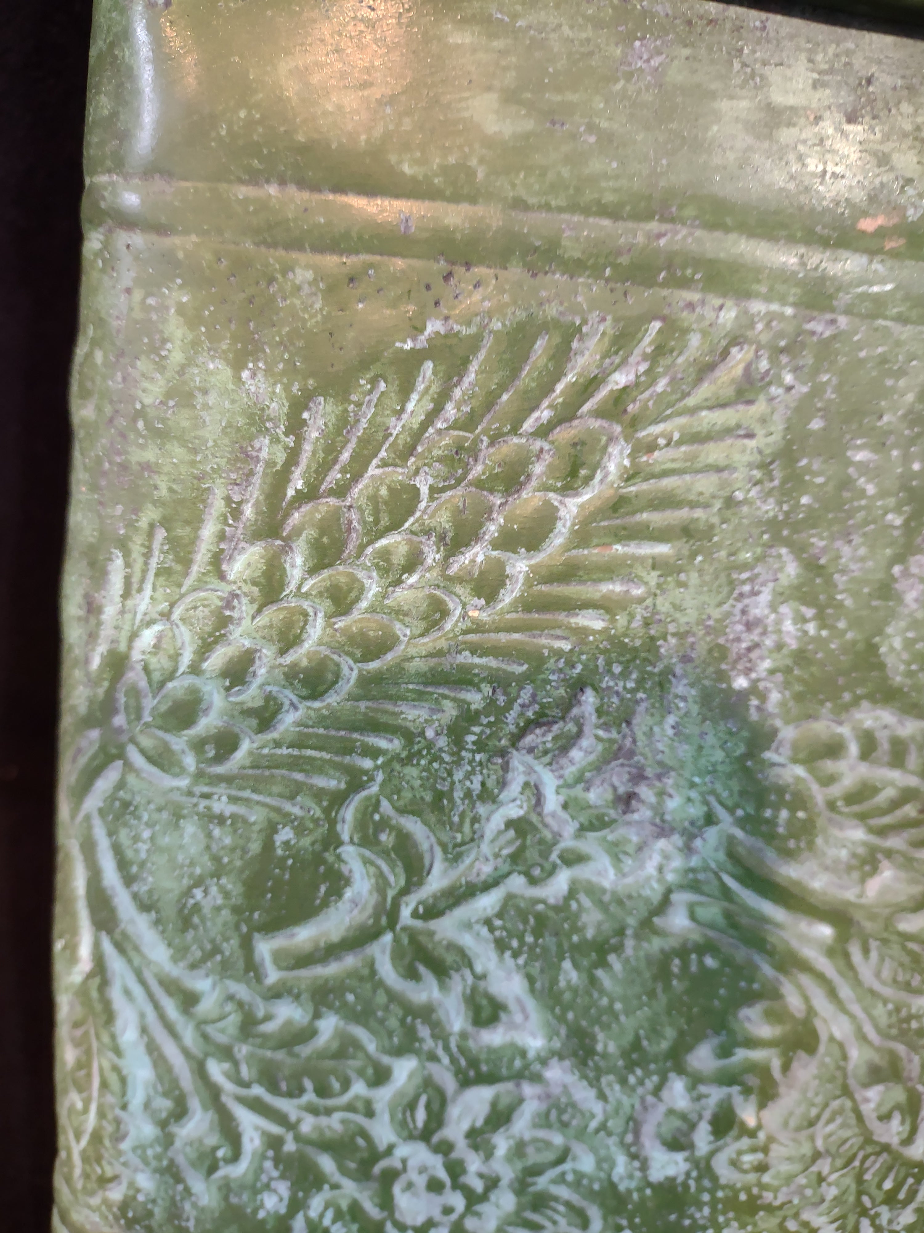 Vintage Rectangular Metal Planter Green Finish Embossed Floral India (Lot 5335)