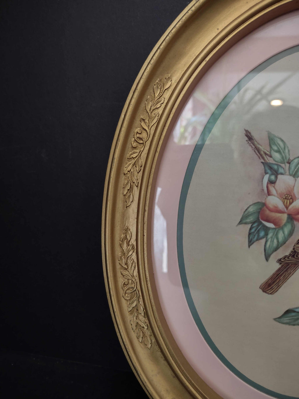 Vintage Homco Home Interiors Oval Bird Flowers Print Picture (lot 2582c)