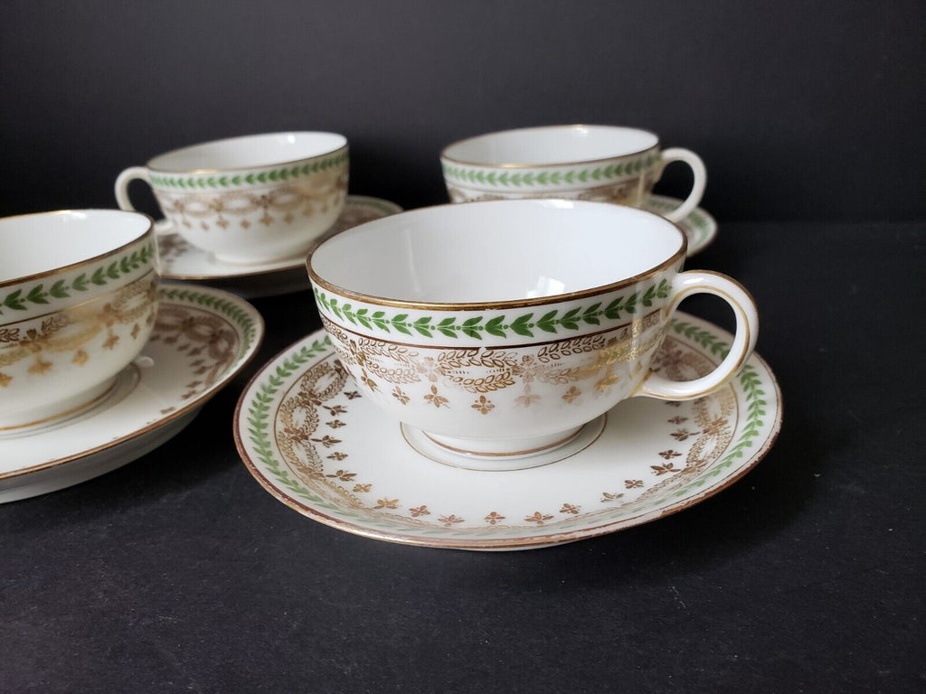 JP Limoges France Gold Trim Green Laurel 4 x Teacup & Saucer (583)
