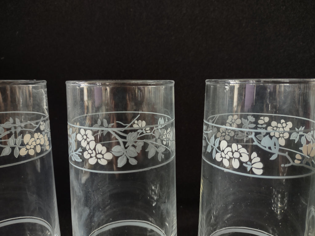 Vintage Libbey Crisa Drinking Glass Tumbler x 4 Pastel Floral (lot 5234)