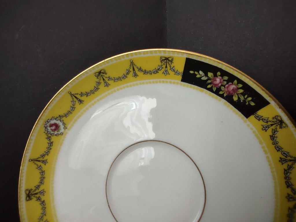 Avenir Limoges Ovington Bros Teacup & Saucer Yellow Black Trim Bow Rose lot 730