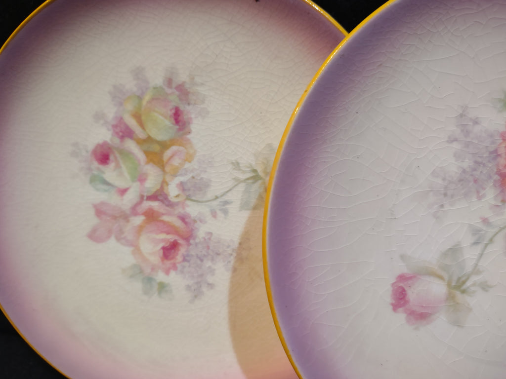 Vintage Farmhouse Cottage Pink Roses Dessert Plate CRAZING x 6 (lot 5392)
