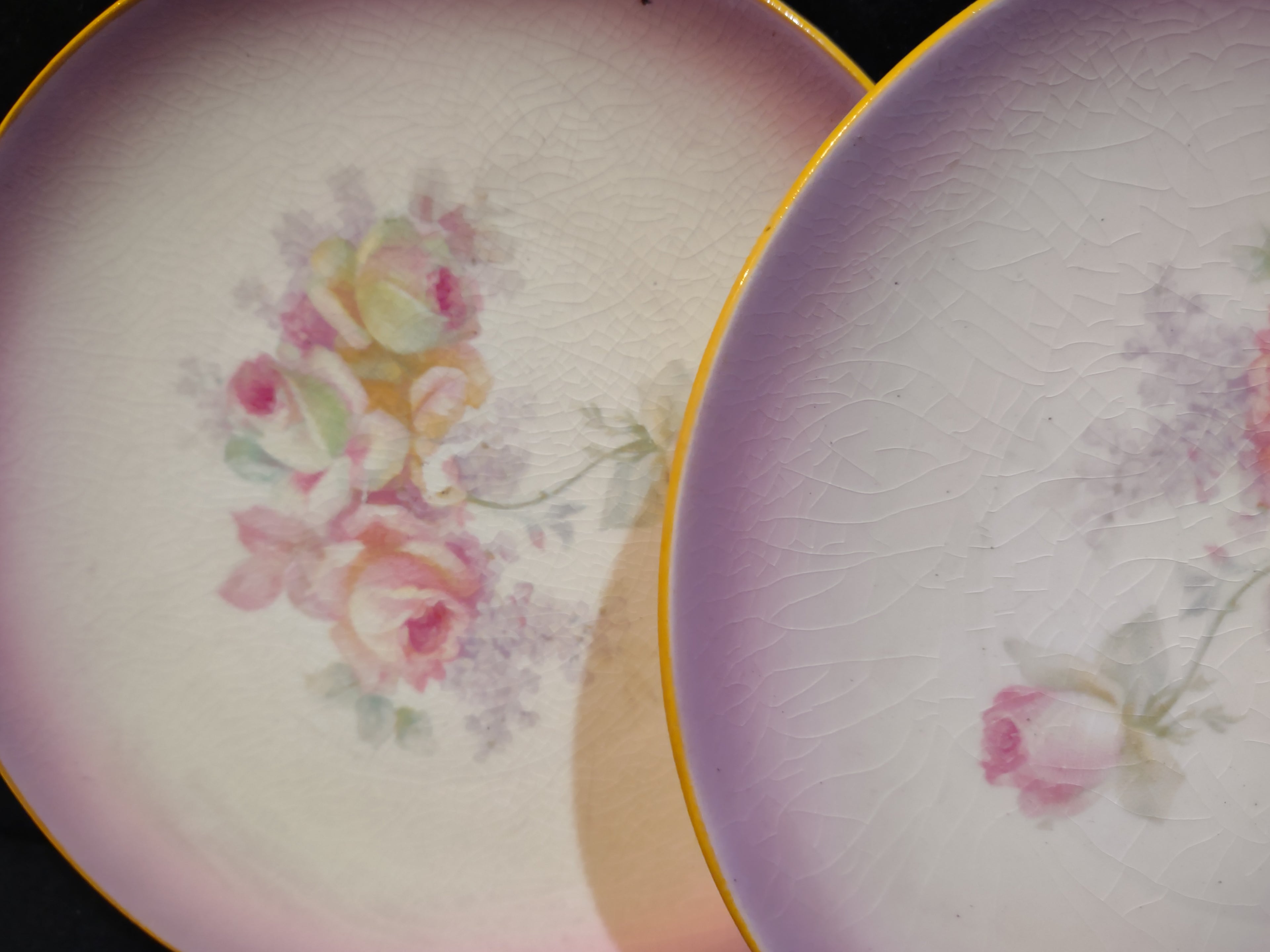 Vintage Farmhouse Cottage Pink Roses Dessert Plate CRAZING x 6 (lot 5392)