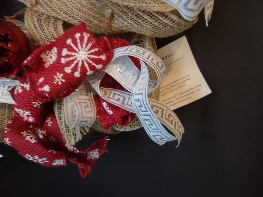 Christmas Mesh Wreath with Bells and Bows Primitive Rustic Cottage (lot 2726c)